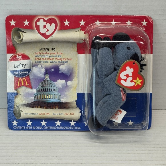 McDonald's Other - Beanie Baby Lefty the Donkey McDonald's American Trio 2000 USA‎ Flag New NIP